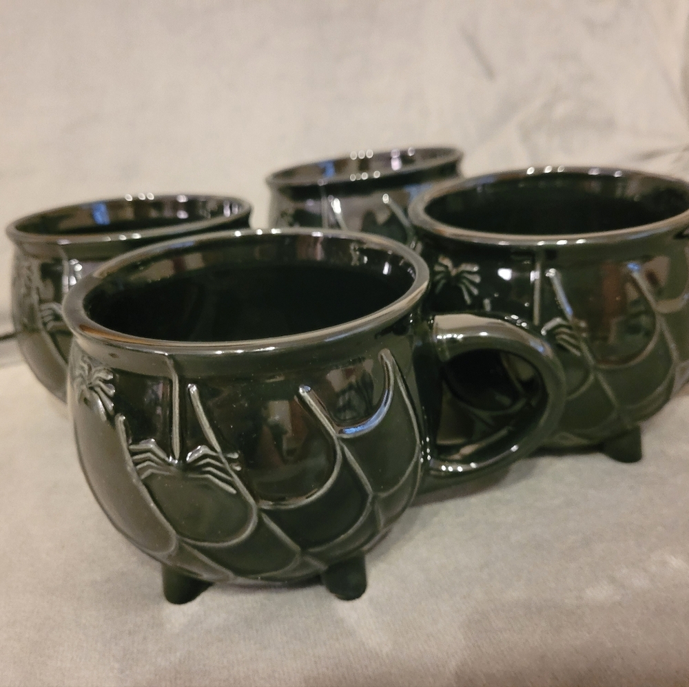 Four New Cauldron Mugs NWT Halloween Spiderweb Spooky Fun Coffee Cups Drinkware